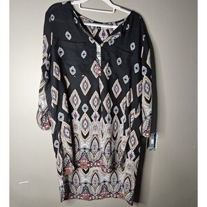 ROZ ALI Geometric Shift Top Black Multicolor V-Neck 3/4 Sleeve Knee L Ptp 23"